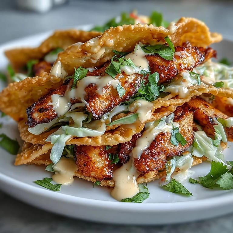 Close-up of one Crispy Chicken Wonton Taco showing seasoned chicken strips and shredded red cabbage inside a crunchy wonton shell.