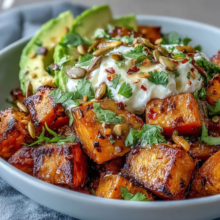 Ready to serve vegetarian sweet potato bowl featuring roasted vegetables, fresh avocado, cottage cheese, and a glossy hot honey drizzle.