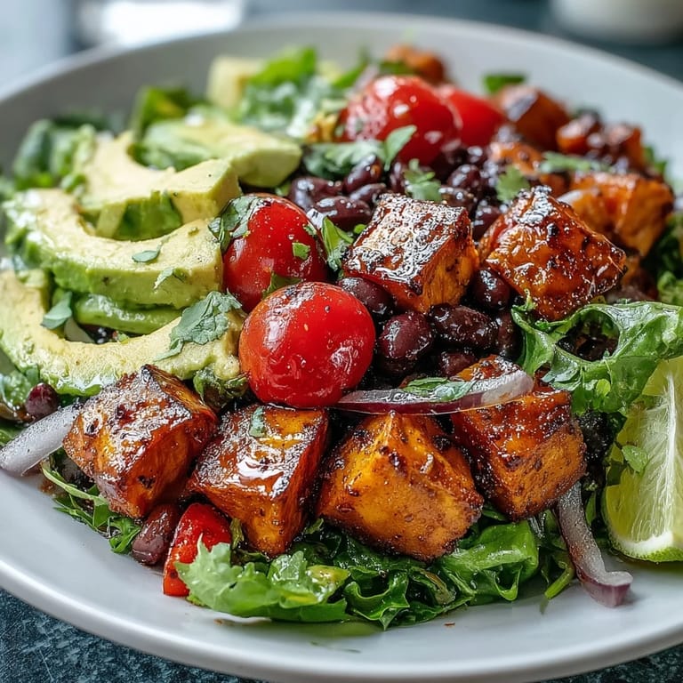A close up view of a healthy Sweet Potato and Black Bean Bowl with lime dressing.