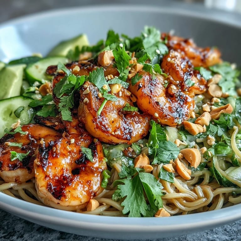 Serve this vibrant Grilled Shrimp Asian Noodle Bowl with lime wedges, cilantro, and scallions for a refreshing summer meal.