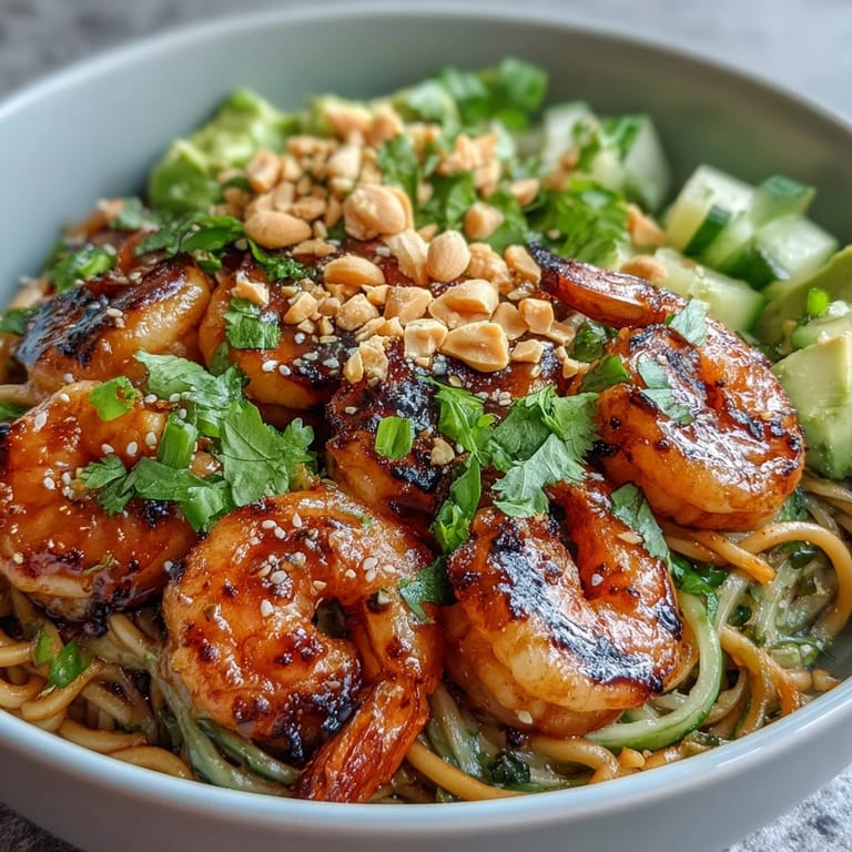 Colorful Grilled Shrimp Asian Noodle Bowl topped with creamy avocado, crisp bean sprouts, and chopped peanuts on a rustic table.  