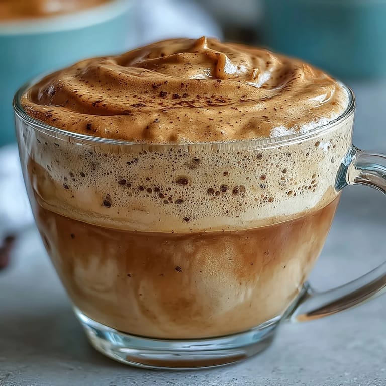 A close-up of Hojicha Cappuccino in a ceramic mug, revealing rich brown tones and swirls of frothy steamed milk.