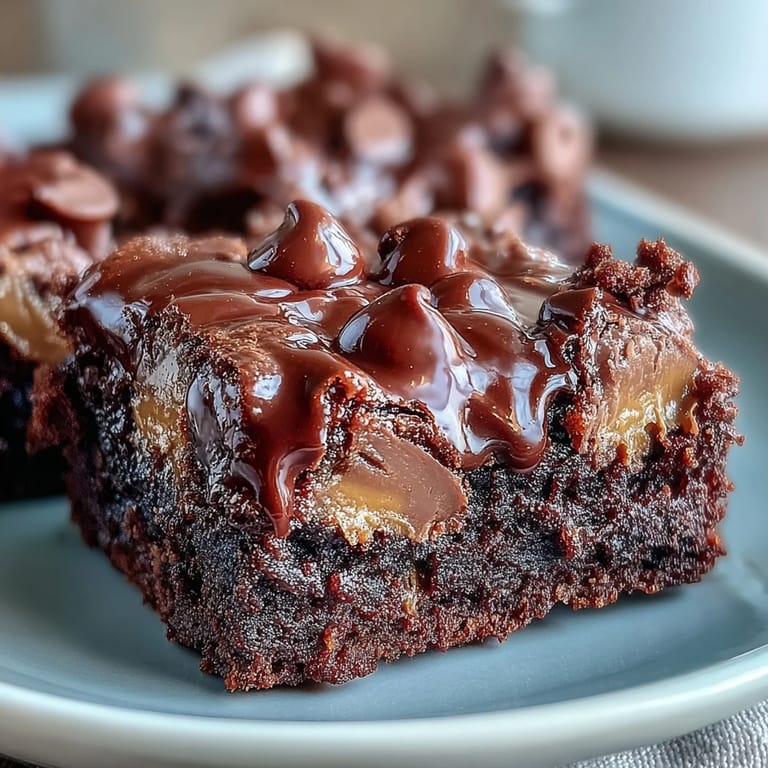 A close-up of warm Rich Peanut Butter Cup Dump Cake with mini peanut butter cups melting into moist devil's food cake. 