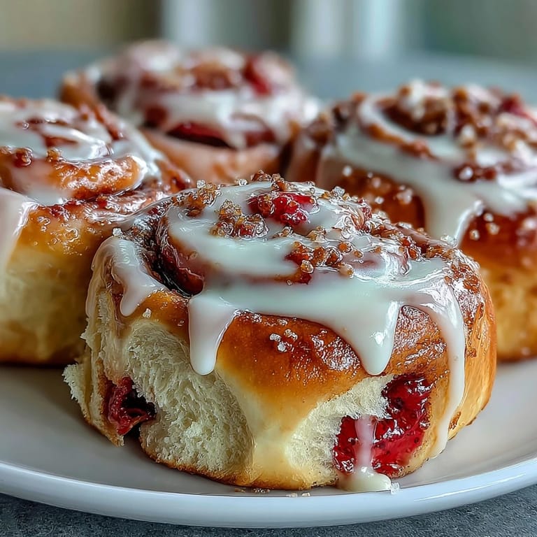 A hand spreading luscious strawberry filling onto rolled dough for Strawberry Cinnamon Rolls before baking in a glass pan.