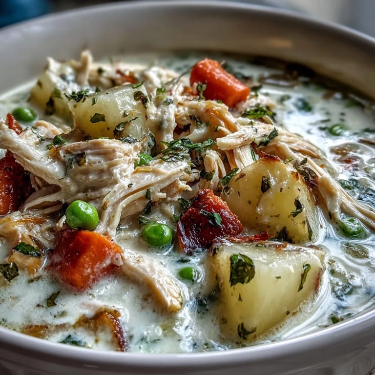 A rustic pot of Creamy Chicken Pot Pie Soup filled with tender chicken, carrots, and peas.
