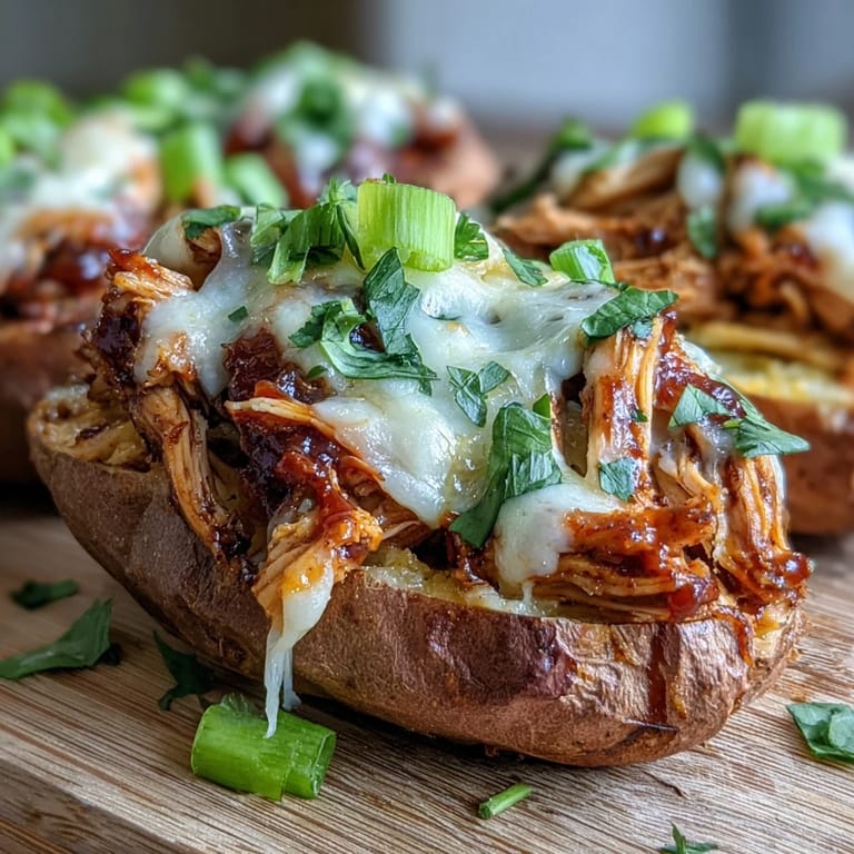 Golden baked sweet potato boats filled with smoky shredded BBQ chicken, fresh onions, and cilantro.