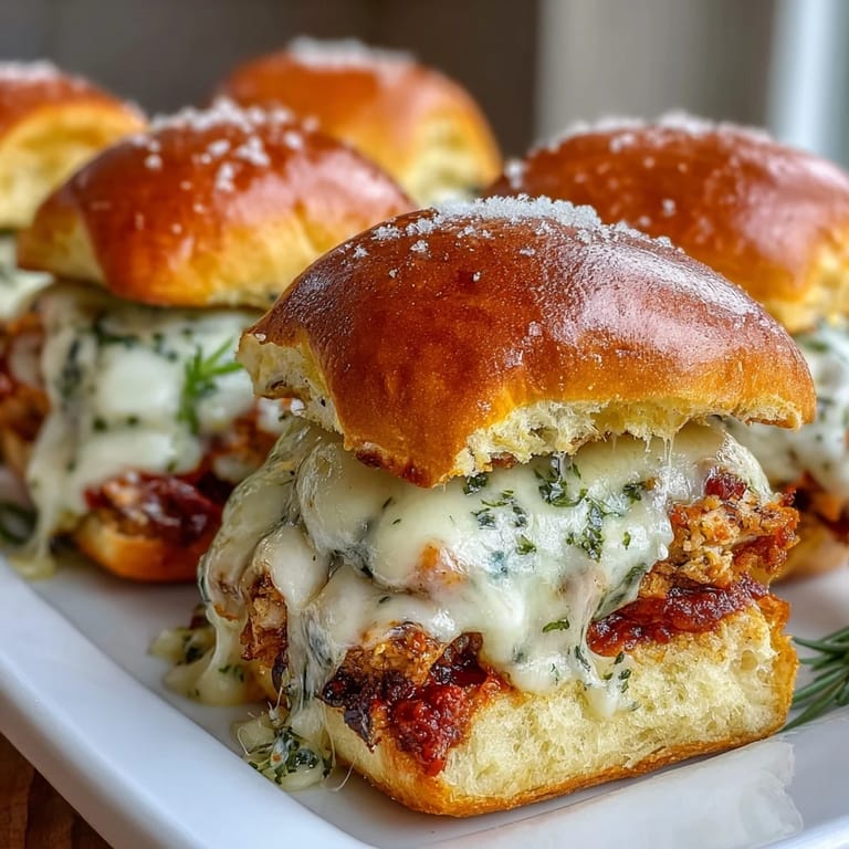 Buttery garlic tops of Pesto Chicken Parmesan Sliders reveal tender pesto chicken and zesty marinara filling on mini brioche.