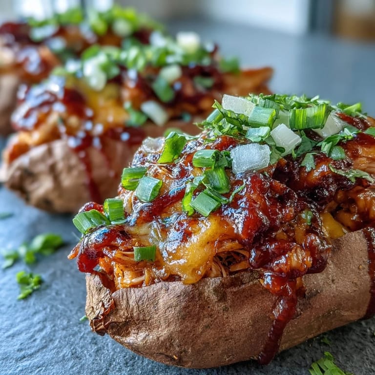 Gluten-free Honey BBQ Chicken Stuffed Sweet Potatoes served hot with sour cream and vibrant diced red onions.