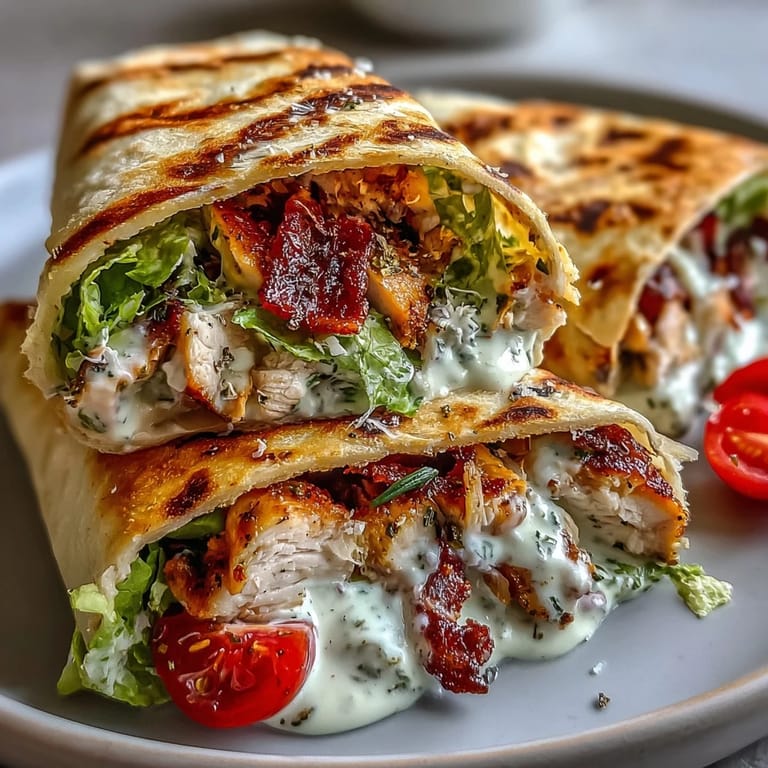 Golden char marks on garlic naan hold a generous filling of grilled chicken, romaine, and Parmesan.