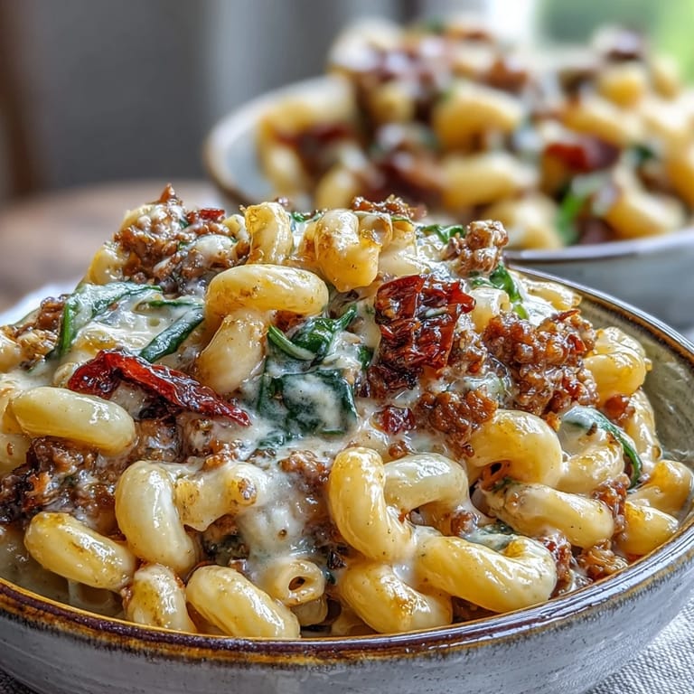 A hearty bowl of Creamy Tuscan Chili Mac topped with melted mozzarella, sun-dried tomatoes, and fresh basil leaves.