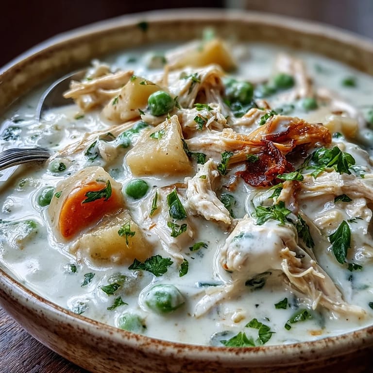 This comforting Creamy Chicken Pot Pie Soup ladle highlights creamy broth, carrots, peas and rotisserie chicken for cozy dinners.