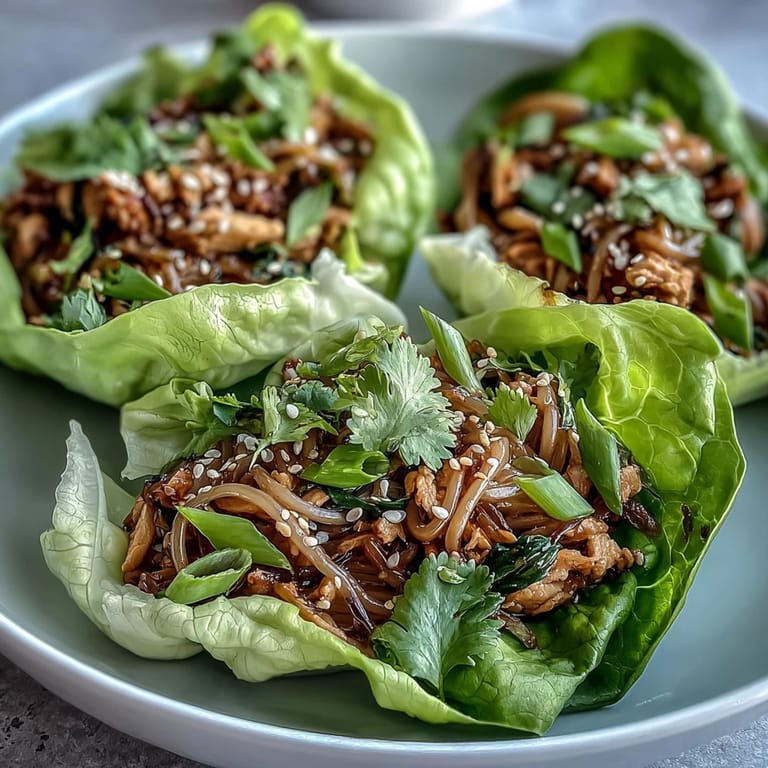 Handheld Potsticker Noodle Lettuce Cups garnished with sesame seeds and fresh herbs, ready to serve as a low-carb meal.