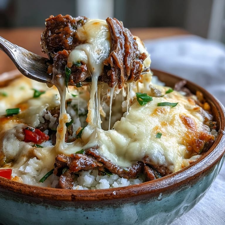 In a 9x13 baking dish, melted provolone blankets this Keto Philly Cheesesteak Casserole with Cauliflower Rice.