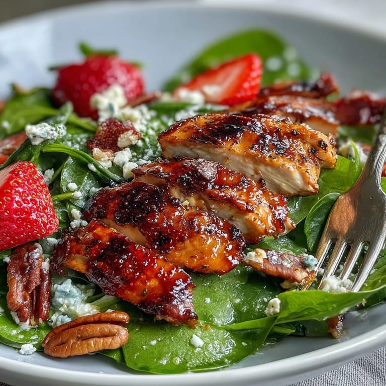 Fork-tender grilled chicken over vibrant spinach and strawberries with a drizzle of poppy seed dressing, ready for a refreshing lunch.