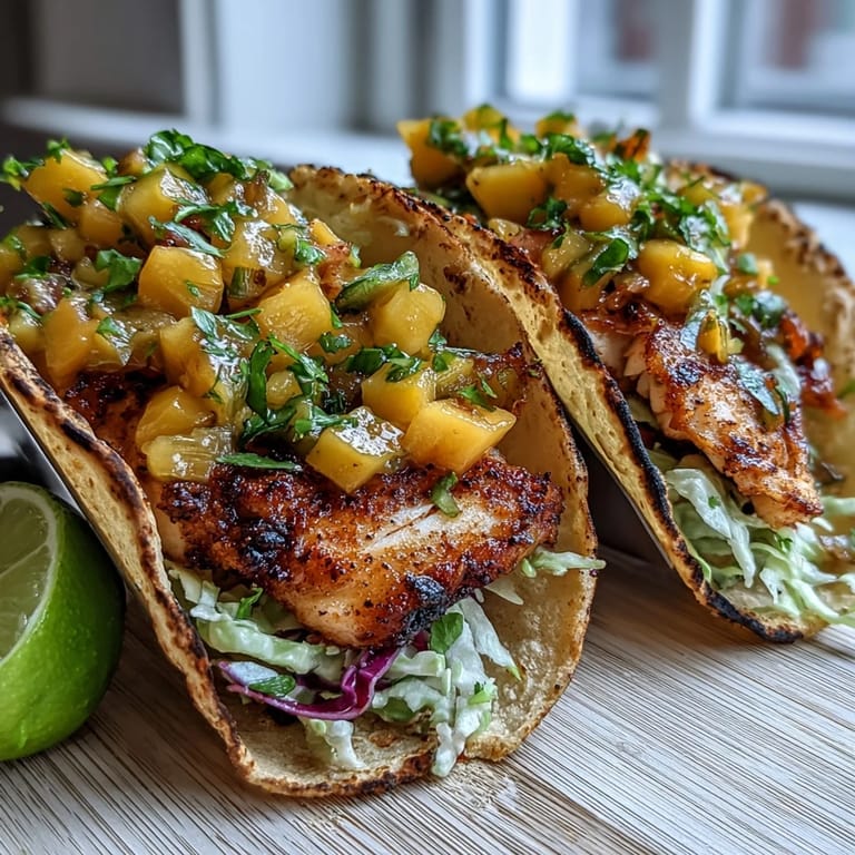 Easy homemade Light Mango Salsa Tilapia Tacos in Corn Tortillas, gluten-free and bursting with smoky spices and juicy tropical fruit.