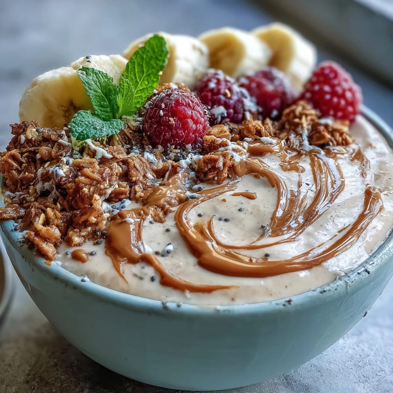 Healthy Vegan Peanut Butter Banana Protein Smoothie Bowl garnished with chia seeds and mixed berries, ready to enjoy with a spoon, showcasing a rich purple smoothie base.