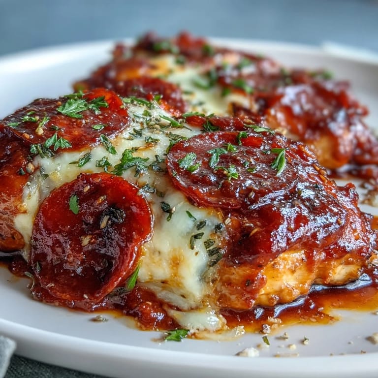 The Keto Pepperoni Pizza Chicken Bake features melty cheese and classic pepperoni in a low-carb casserole.