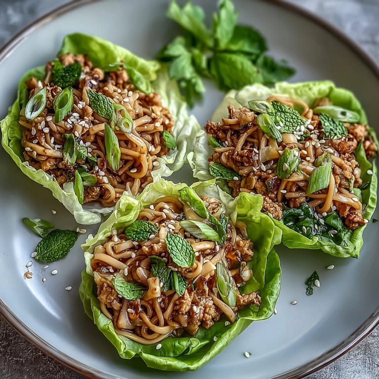 Asian-inspired turkey and noodle lettuce cups with tender rice noodles, shredded cabbage, and carrots, topped with toasted sesame and fresh herbs.
