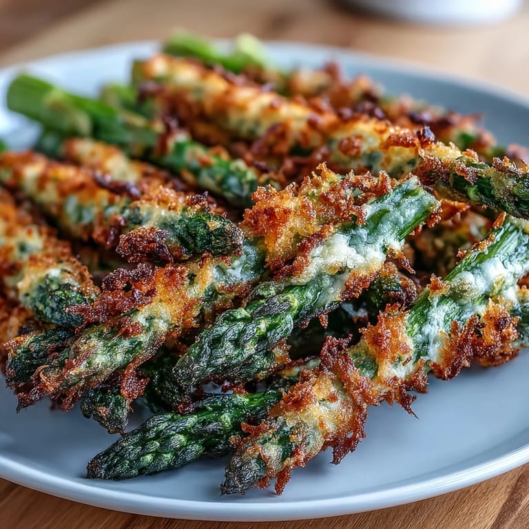 A vibrant salad featuring crispy Parmesan asparagus, tender shredded chicken, and fresh vegetables drizzled with zesty lemon dressing.