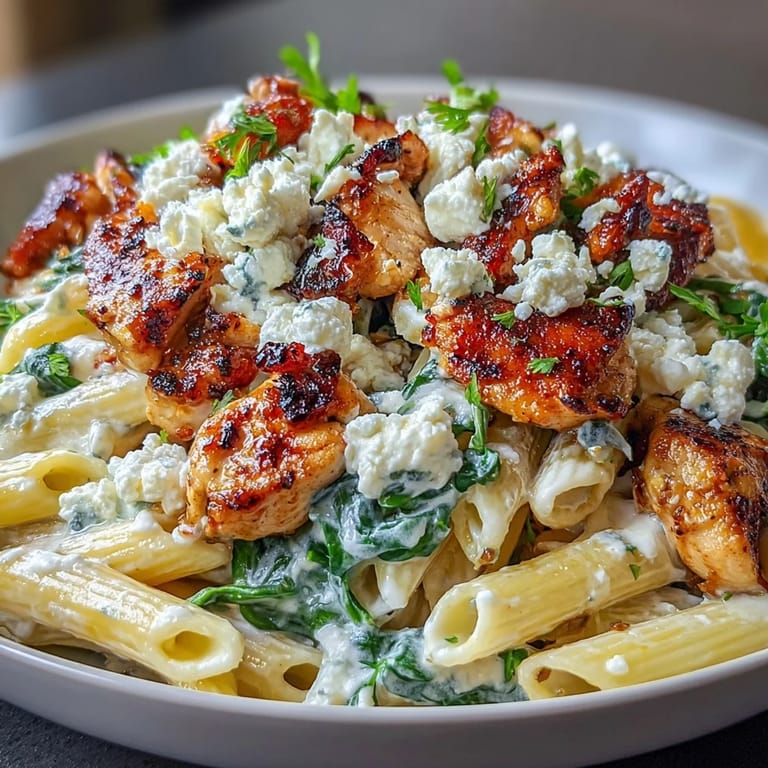 Tender lemon-marinated chicken and penne pasta tossed with crumbled feta and spinach for a hearty Greek-inspired dinner.  