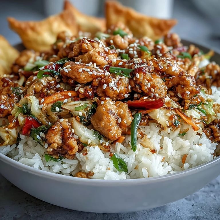Deconstructed egg roll in a bowl: tender chicken, crisp veggies, and golden baked wonton strips for satisfying crunch.  
