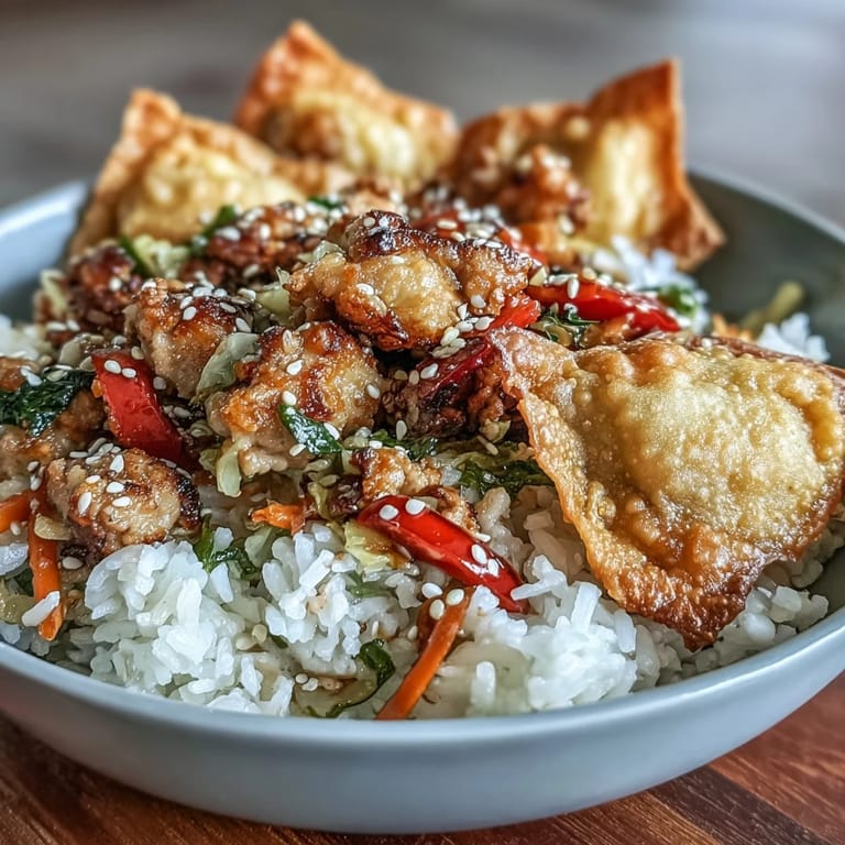 Asian-inspired Crispy Baked Egg Roll Chicken Bowls featuring juicy chicken, fresh cabbage, and irresistible crispy wonton topping.