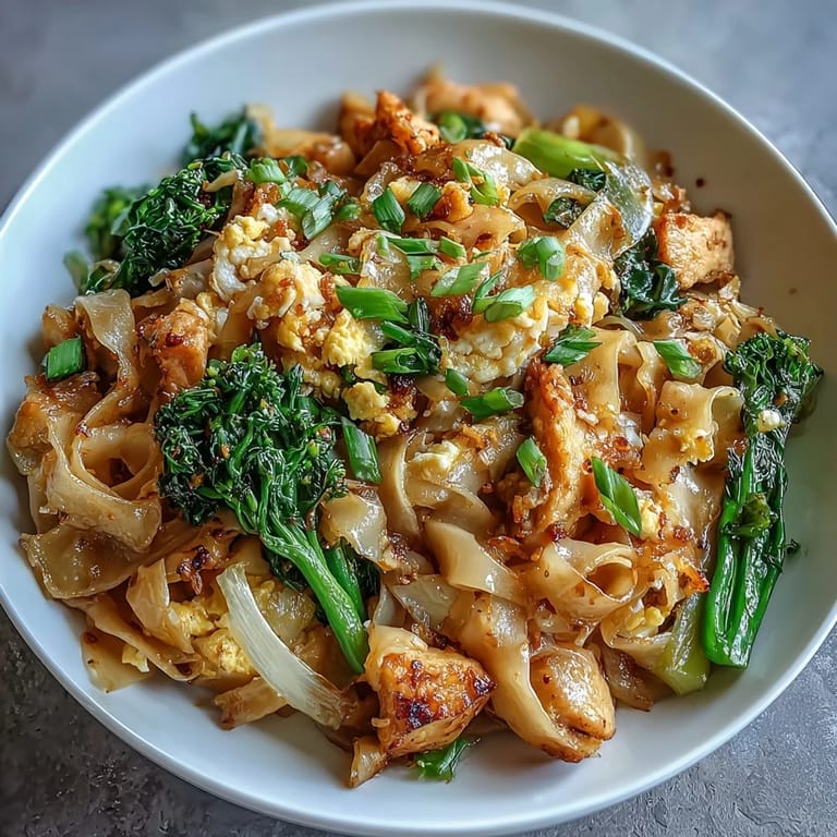2. Classic Thai street food stir-fry featuring chicken, Chinese broccoli, and rice noodles in rich, glossy sauce.  