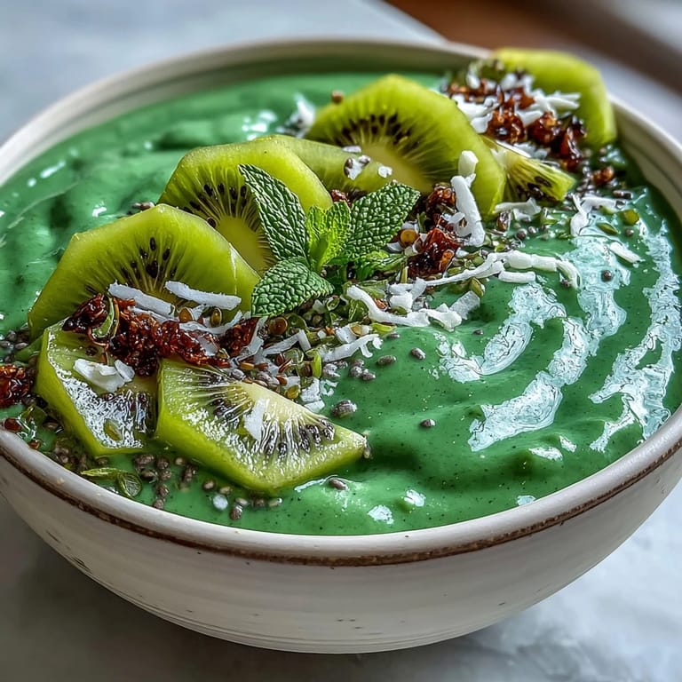 Creamy vegan smoothie bowl packed with spinach, frozen mango, and pineapple, garnished with coconut flakes and hemp seeds.