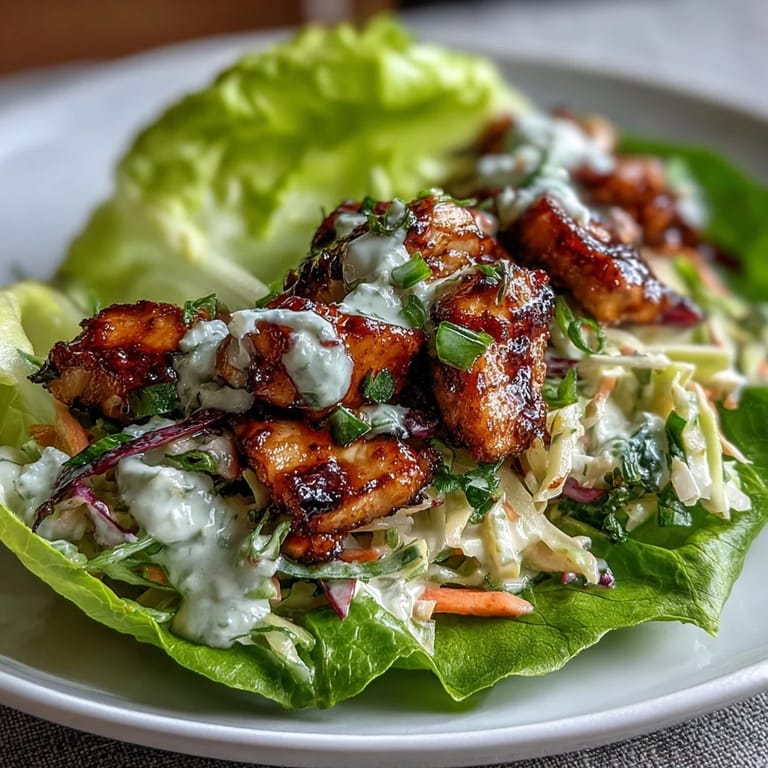Savory BBQ chicken breast slices wrapped in crisp lettuce leaves, topped with tangy, creamy slaw for a delicious low-carb, high-protein lunch or dinner.
