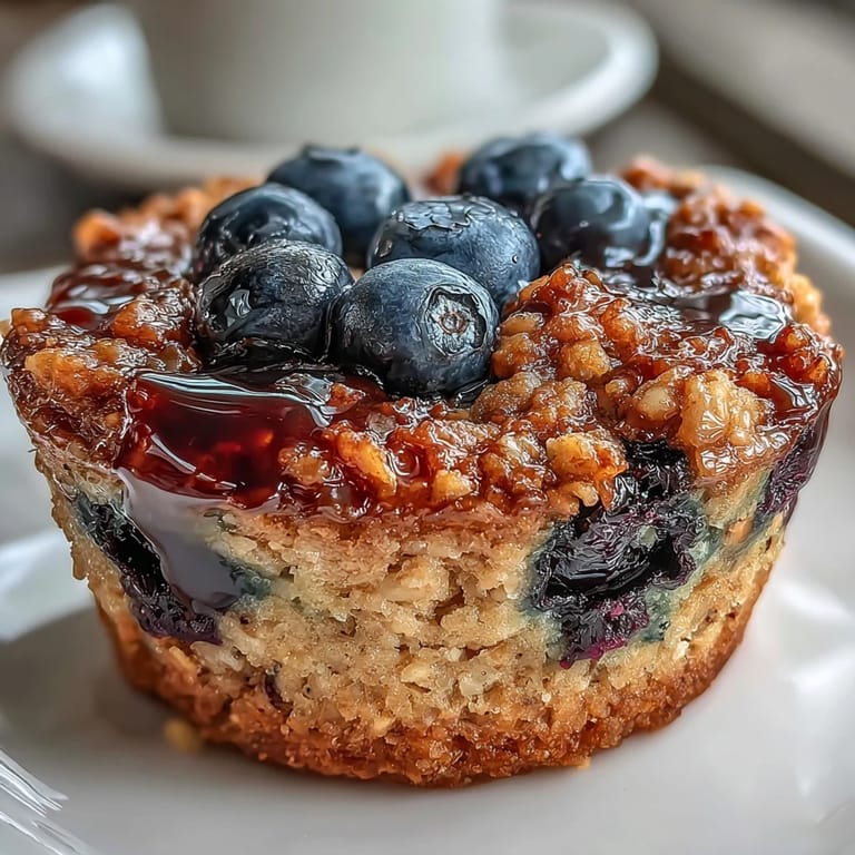 Close-up of golden-brown baked oatmeal cups with vibrant blueberries.