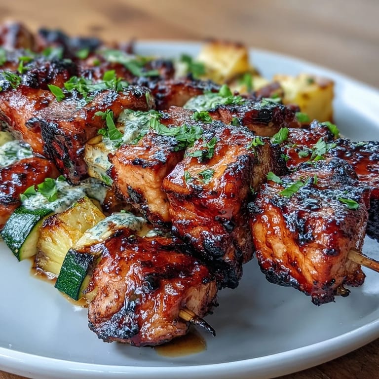 Colorful skewers featuring marinated chicken, crisp zucchini, and caramelized pineapple, served hot off the grill with fresh lime wedges.