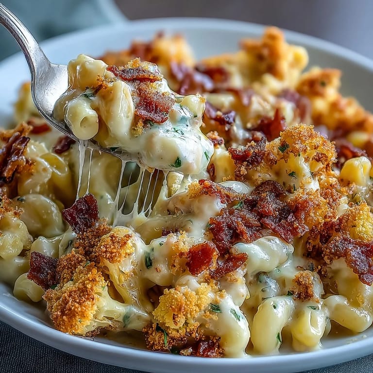 Low-carb cauliflower mac and cheese topped with smoky bacon crumbs and melted cheddar.  