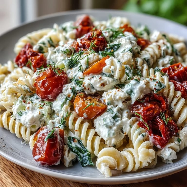Protein-packed pasta salad featuring cottage cheese, bell peppers, and cherry tomatoes for a refreshing summer meal.