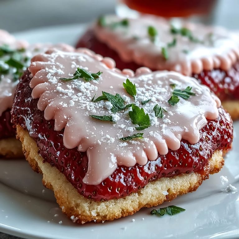 Heart-shaped strawberry sugar cookies with glossy pink royal icing, perfect for Valentine's Day dessert platters.