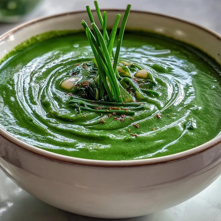 Creamy spinach and white bean soup garnished with chives, served with crusty gluten-free bread.  