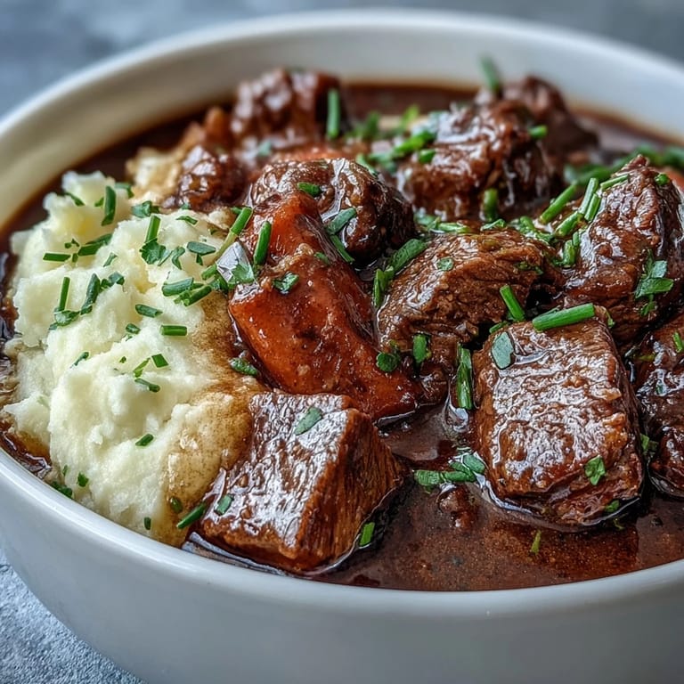 Cozy Irish beef stew with carrots, peas, and tender beef, paired with light cauliflower mash for a comforting meal.
