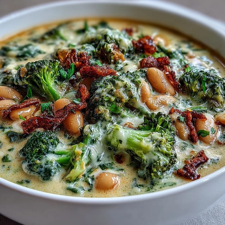 A close-up of velvety broccoli cheddar bean soup with tender vegetable chunks, served with crusty bread on the side.