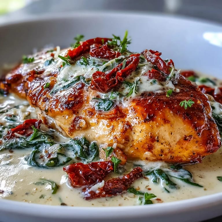 Creamy Tuscan chicken with spinach and sun-dried tomatoes, a satisfying keto dinner with savory garlic and herb flavors.