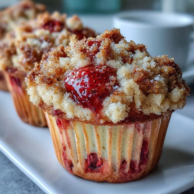 Fluffy muffins filled with juicy strawberries and topped with a sweet lemon crumble, ready to serve warm.