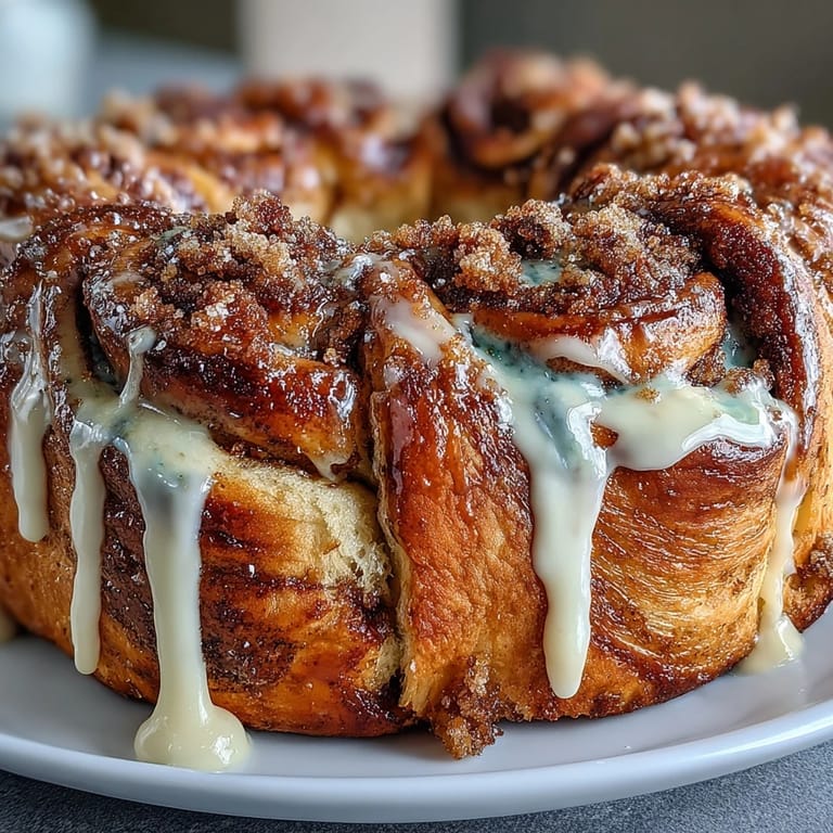 Golden-baked cinnamon roll wreath drizzled with icing and sparkling Mardi Gras-colored sugars for a festive treat.
