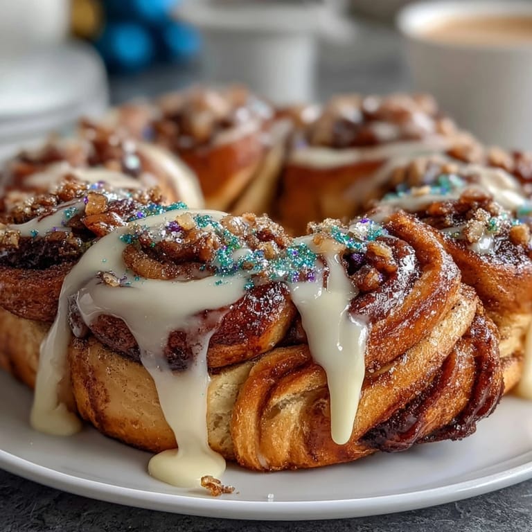 Easy cinnamon roll King Cake wreath, twisted and baked into a ring, topped with traditional Mardi Gras sprinkles.