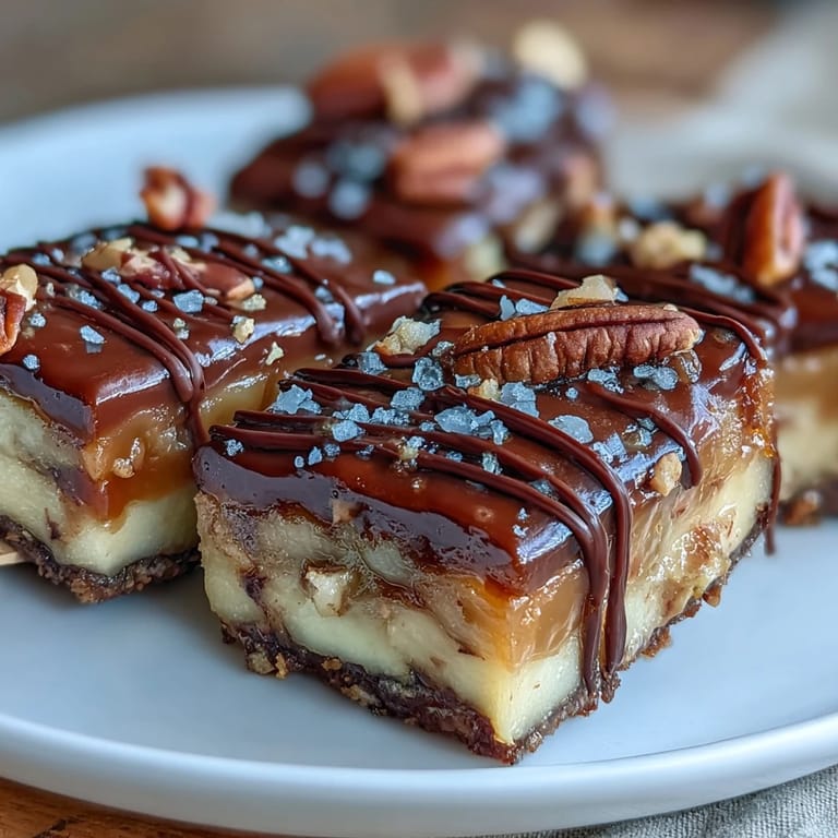 Golden caramel-coated apple slices with a glossy chocolate drizzle, garnished with chopped nuts for extra crunch.  