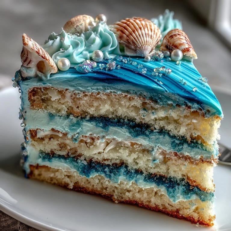 A beautifully decorated slice of the Pisces birthday cake, showcasing the internal layers and the external blue ombre buttercream.