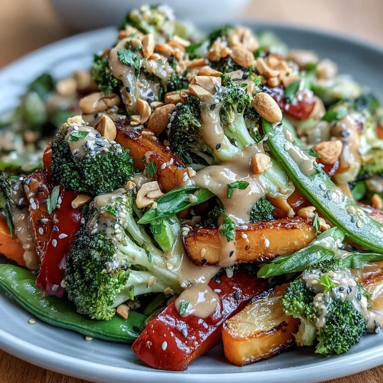 Vibrant vegetarian stir-fry featuring fresh broccoli, red bell pepper, and carrots tossed in savory peanut sauce, served with jasmine rice and lime.