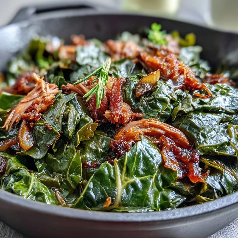 Tender greens and smoky turkey in a savory broth, slow-cooked with onions for an authentic Southern soul food experience.