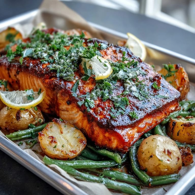 Healthy one-pan salmon dinner featuring juicy salmon, roasted potatoes, and green beans, perfect for quick and nutritious weeknight meals.