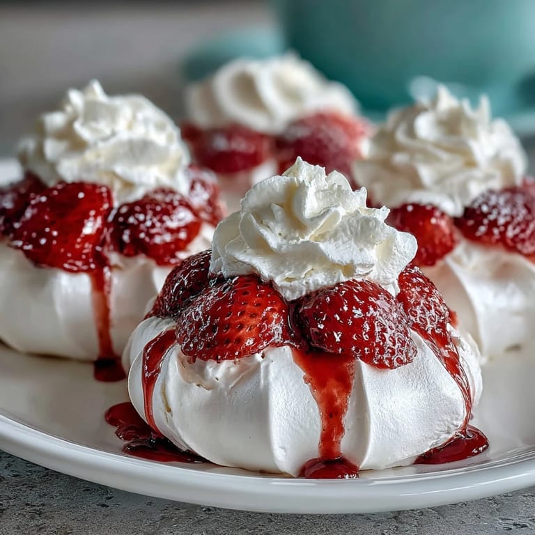 Golden, airy meringue shells filled with luscious whipped cream and juicy strawberries, perfect for elegant gatherings.