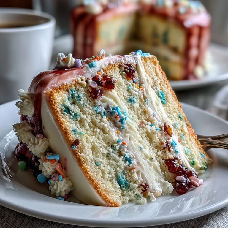 Light and joyful Funfetti Cake slice displays pastel buttercream swirls in pink, blue, and yellow, perfect for spring celebrations.