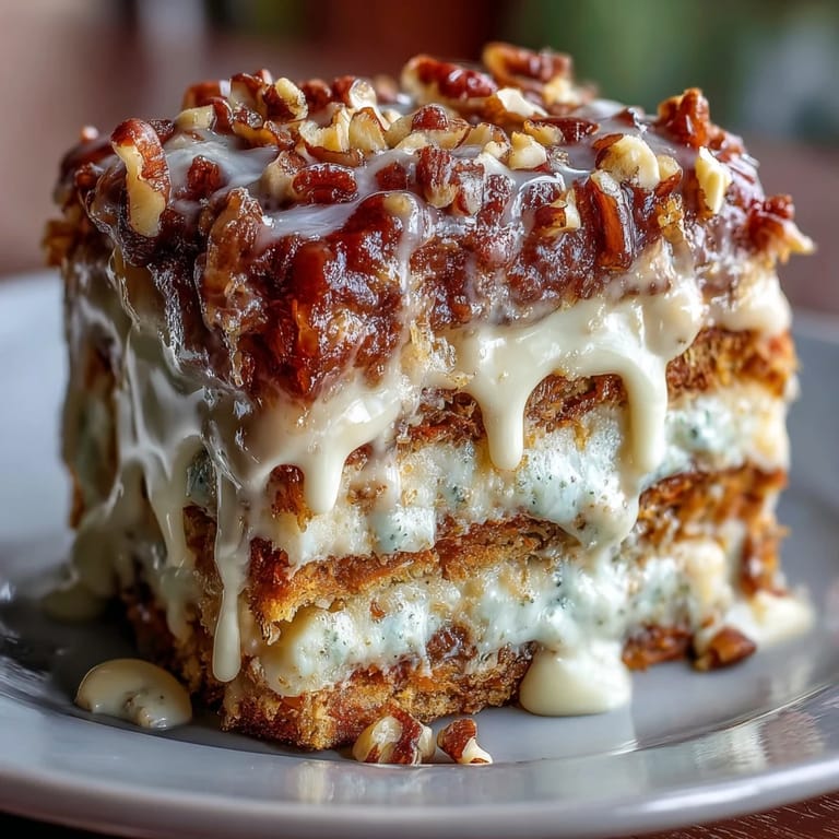 Layered carrot walnut cake topped with tangy cream cheese frosting, garnished with crunchy walnuts and edible flowers for a festive spring dessert.