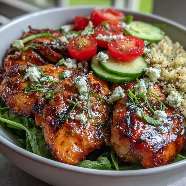 Lemon vinaigrette grilled chicken and veggie bowl with quinoa, feta, and fresh herbs.